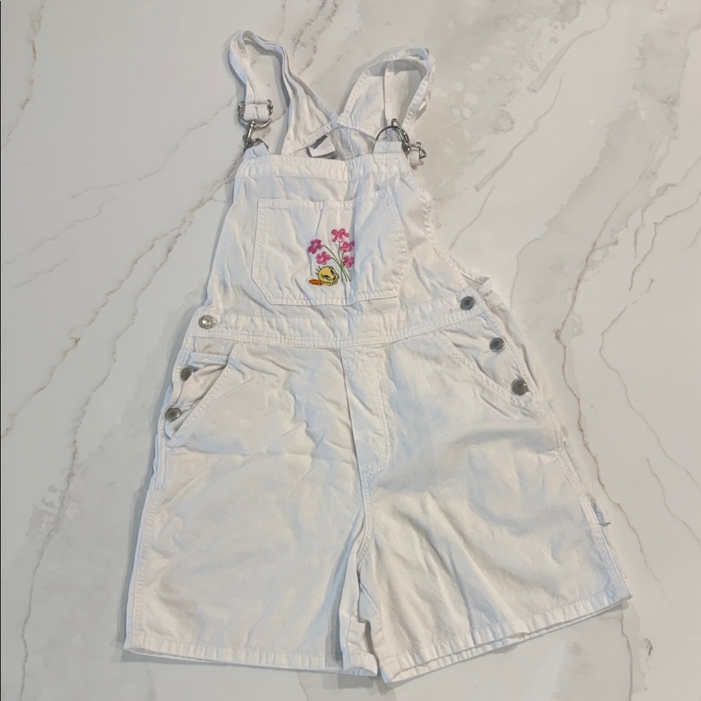 Warner Bros. Vintage White Overalls with Embroidered Cartoon